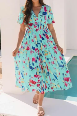 Sale Dear-Lover Abstract Print Short Puff Sleeve Tiered Maxi Dress Sky Blue
