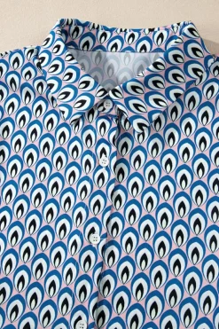 Online Dear-Lover Abstract Print Shirred Cuff Buttoned Oversized Shirt Sky Blue