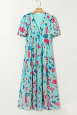 Sale Dear-Lover Abstract Print Short Puff Sleeve Tiered Maxi Dress Sky Blue