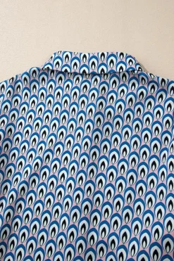 Online Dear-Lover Abstract Print Shirred Cuff Buttoned Oversized Shirt Sky Blue