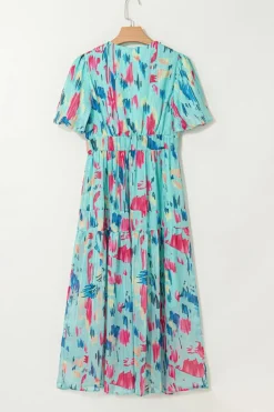 Sale Dear-Lover Abstract Print Short Puff Sleeve Tiered Maxi Dress Sky Blue