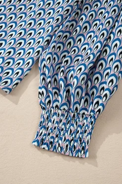 Online Dear-Lover Abstract Print Shirred Cuff Buttoned Oversized Shirt Sky Blue