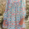 Discount Dear-Lover Abstract Printed Long Sleeve Tied Neckline Mini Dress Sky Blue
