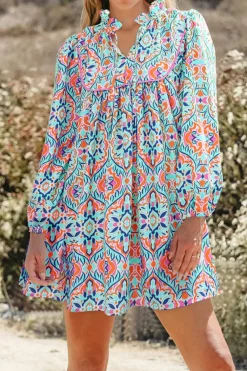 Discount Dear-Lover Abstract Printed Long Sleeve Tied Neckline Mini Dress Sky Blue