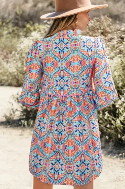 Discount Dear-Lover Abstract Printed Long Sleeve Tied Neckline Mini Dress Sky Blue