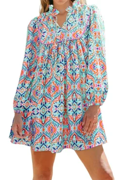 Discount Dear-Lover Abstract Printed Long Sleeve Tied Neckline Mini Dress Sky Blue