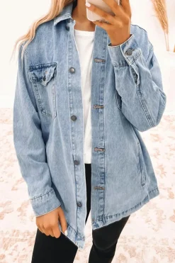 Best Dear-Lover Acid Wash Flap Pocket Boyfriend Shacket Sky Blue