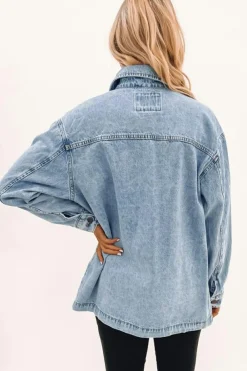 Best Dear-Lover Acid Wash Flap Pocket Boyfriend Shacket Sky Blue