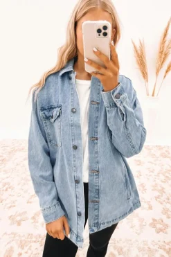 Best Dear-Lover Acid Wash Flap Pocket Boyfriend Shacket Sky Blue