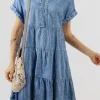 Hot Dear-Lover Acid Wash V Neck Tiered Denim Dress Sky Blue