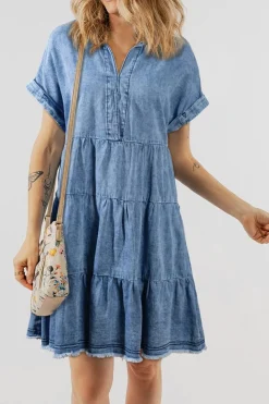 Hot Dear-Lover Acid Wash V Neck Tiered Denim Dress Sky Blue