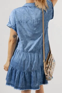 Hot Dear-Lover Acid Wash V Neck Tiered Denim Dress Sky Blue
