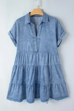 Hot Dear-Lover Acid Wash V Neck Tiered Denim Dress Sky Blue