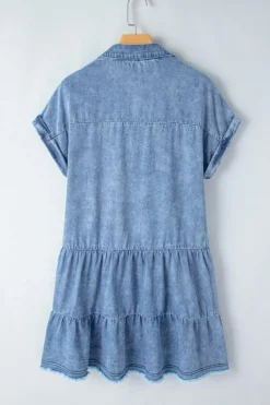 Hot Dear-Lover Acid Wash V Neck Tiered Denim Dress Sky Blue