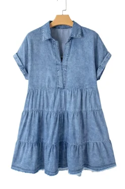Hot Dear-Lover Acid Wash V Neck Tiered Denim Dress Sky Blue