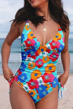 Sale Dear-Lover Sky Blue Adjustable Straps Ribbed Knit One Piece Swimsuit Sky Blue-2