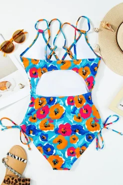 Sale Dear-Lover Sky Blue Adjustable Straps Ribbed Knit One Piece Swimsuit Sky Blue-2