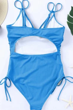 Clearance Dear-Lover Adjustable Straps Ribbed Knit One Piece Swimsuit Sky Blue