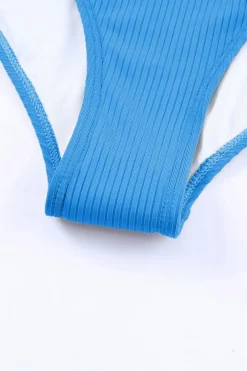 Clearance Dear-Lover Adjustable Straps Ribbed Knit One Piece Swimsuit Sky Blue