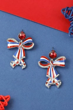 Hot Dear-Lover American Flag Bow Knot Stud Dangle Earrings Sky Blue
