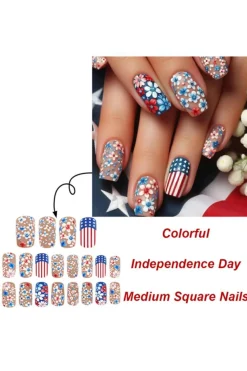 Online Dear-Lover American Flag Flower Print Square False Nails Sky Blue