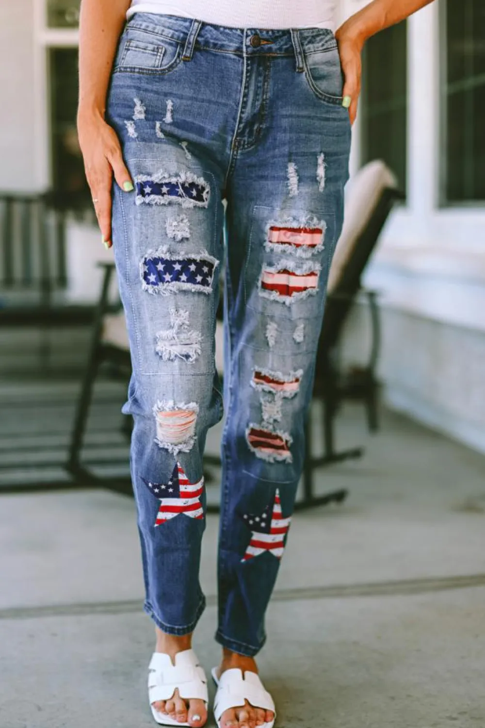 New Dear-Lover American Flag Patched Distressed Jeans Sky Blue