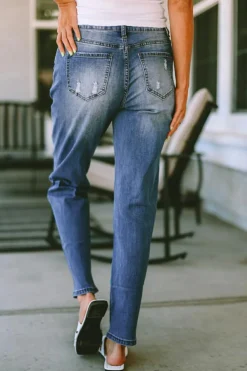 New Dear-Lover  American Flag Patched Distressed Jeans Sky Blue