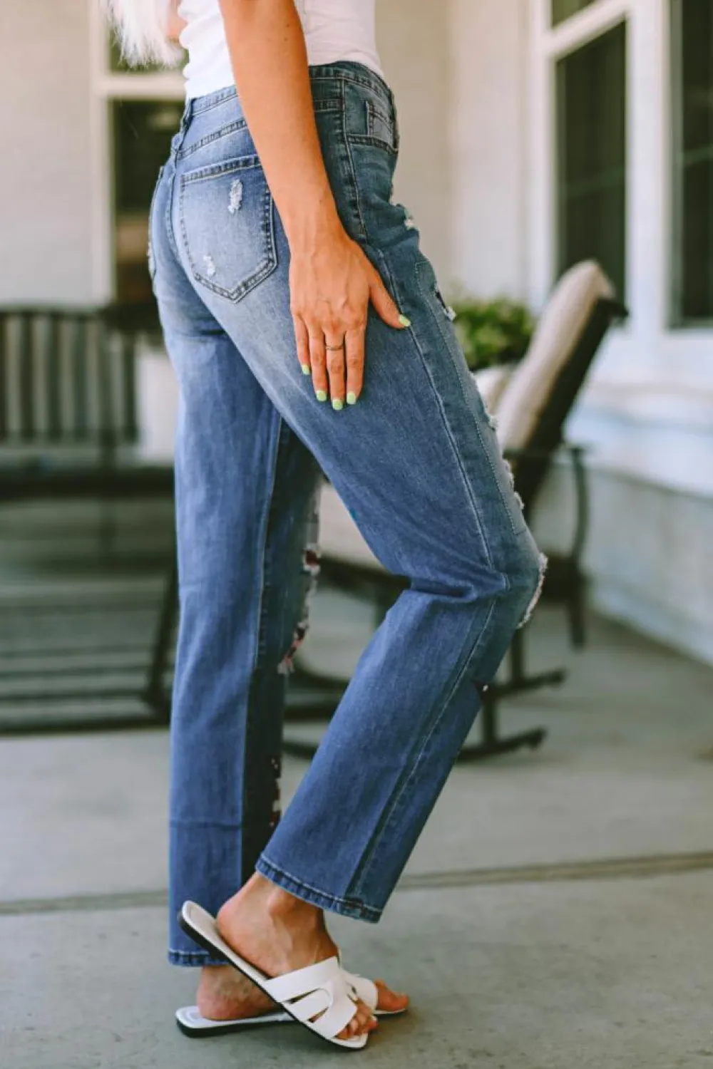 New Dear-Lover American Flag Patched Distressed Jeans Sky Blue