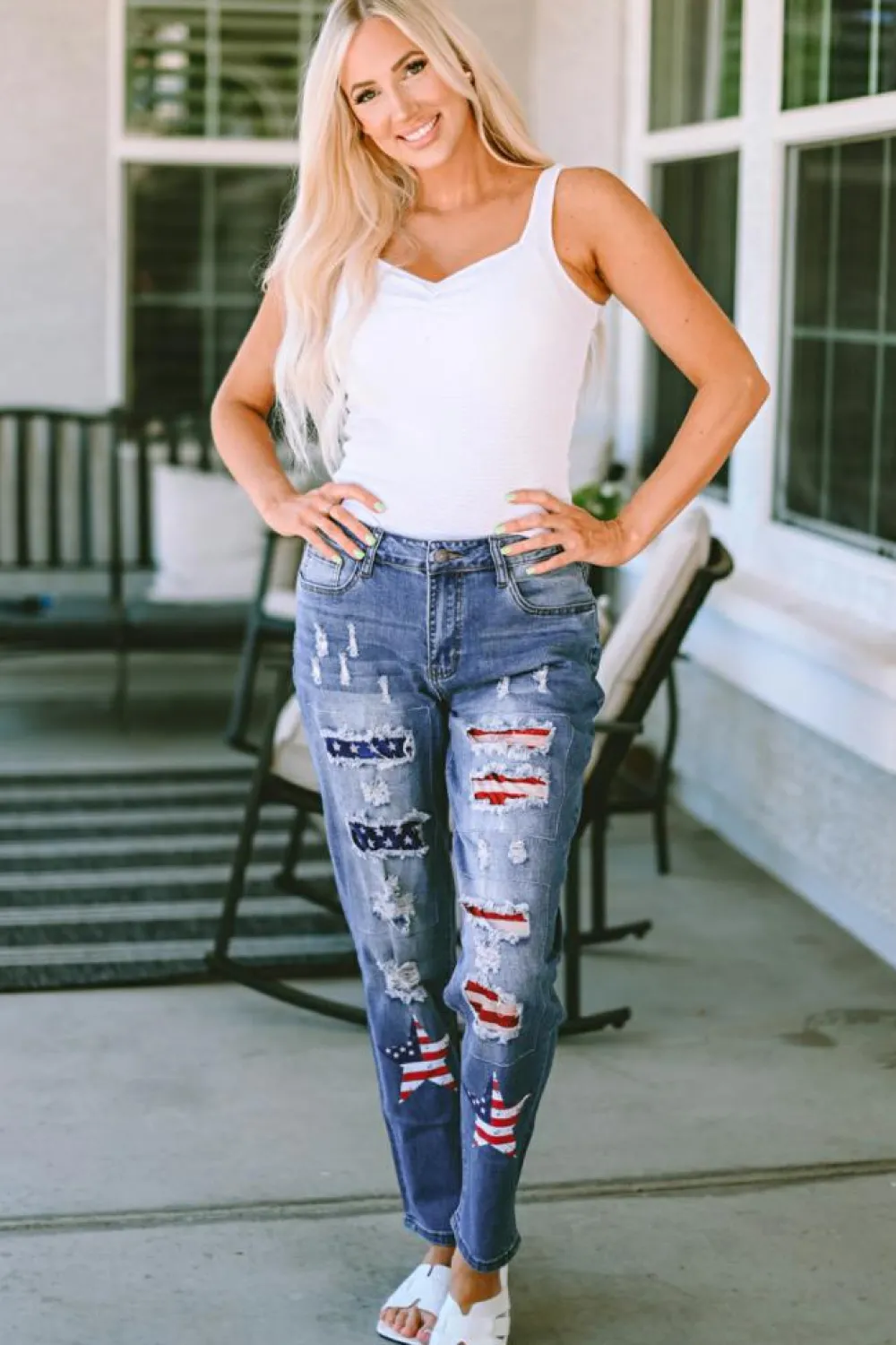 New Dear-Lover American Flag Patched Distressed Jeans Sky Blue