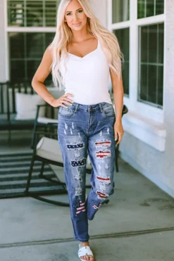 New Dear-Lover American Flag Patched Distressed Jeans Sky Blue