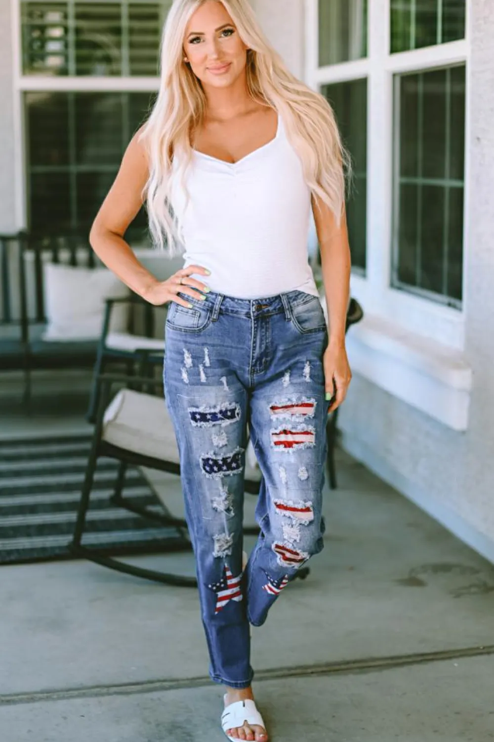 New Dear-Lover American Flag Patched Distressed Jeans Sky Blue