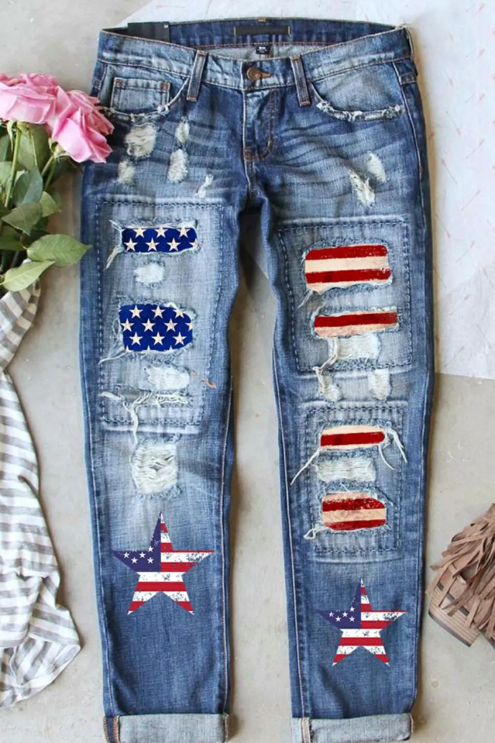 New Dear-Lover American Flag Patched Distressed Jeans Sky Blue
