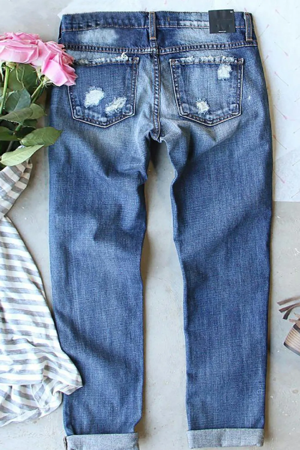 New Dear-Lover American Flag Patched Distressed Jeans Sky Blue