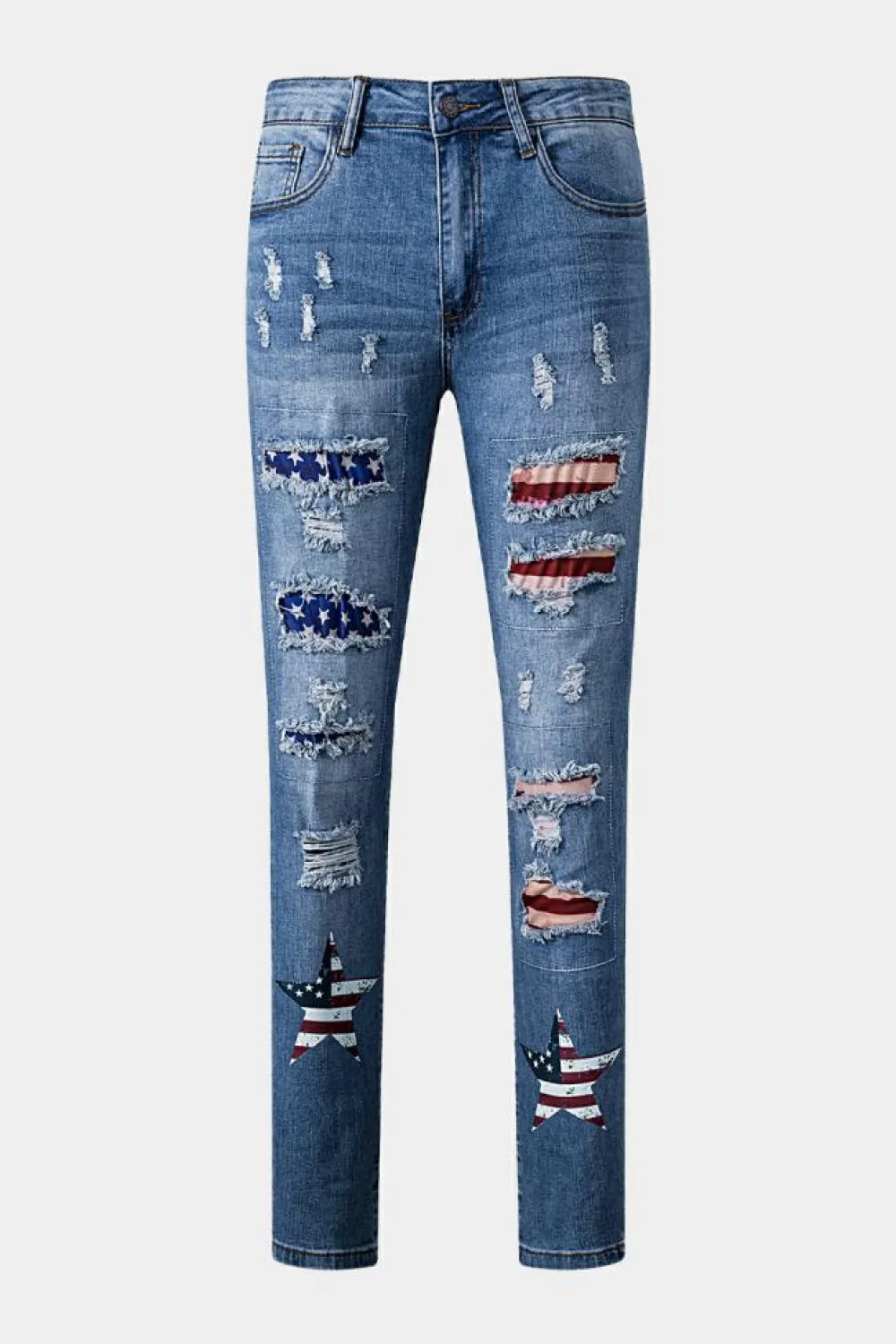 New Dear-Lover American Flag Patched Distressed Jeans Sky Blue