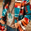 Online Dear-Lover Aztec Printed Lapel Bell Sleeve Jacket Sky Blue