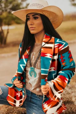 Online Dear-Lover Aztec Printed Lapel Bell Sleeve Jacket Sky Blue