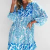 Best Dear-Lover Bohemian Print Puff Sleeve Tied V Neck Flared Mini Dress Sky Blue