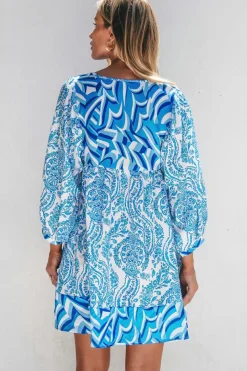 Best Dear-Lover Bohemian Print Puff Sleeve Tied V Neck Flared Mini Dress Sky Blue