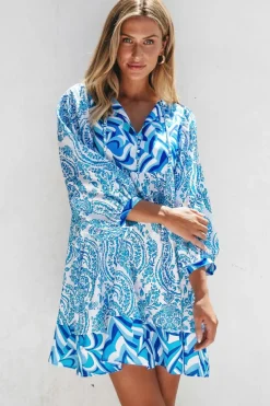 Best Dear-Lover Bohemian Print Puff Sleeve Tied V Neck Flared Mini Dress Sky Blue