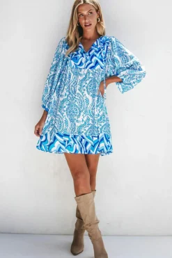 Best Dear-Lover Bohemian Print Puff Sleeve Tied V Neck Flared Mini Dress Sky Blue