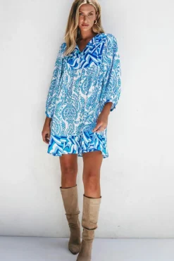 Best Dear-Lover Bohemian Print Puff Sleeve Tied V Neck Flared Mini Dress Sky Blue