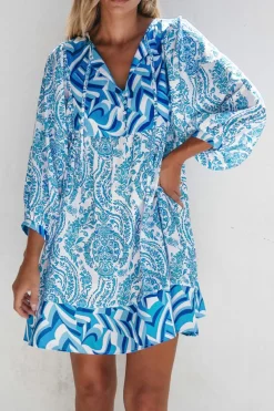 Best Dear-Lover Bohemian Print Puff Sleeve Tied V Neck Flared Mini Dress Sky Blue