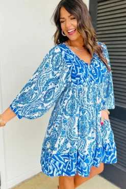 Best Dear-Lover Bohemian Print Puff Sleeve Tied V Neck Flared Mini Dress Sky Blue