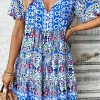 Sale Dear-Lover Bohemian Print Tie Neck Ruffle Hem Short Dress Sky Blue