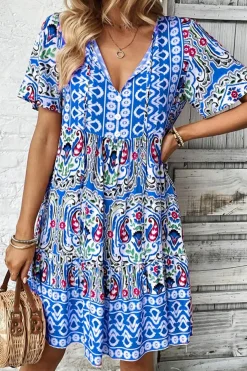 Sale Dear-Lover Bohemian Print Tie Neck Ruffle Hem Short Dress Sky Blue