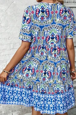 Sale Dear-Lover Bohemian Print Tie Neck Ruffle Hem Short Dress Sky Blue