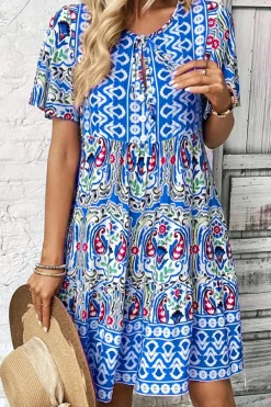 Sale Dear-Lover Bohemian Print Tie Neck Ruffle Hem Short Dress Sky Blue
