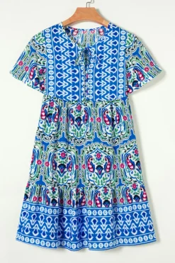 Sale Dear-Lover Bohemian Print Tie Neck Ruffle Hem Short Dress Sky Blue