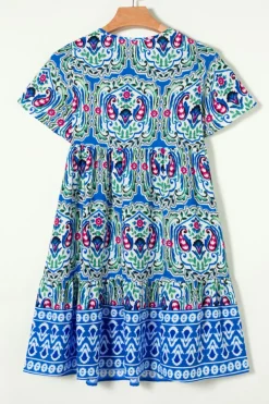 Sale Dear-Lover Bohemian Print Tie Neck Ruffle Hem Short Dress Sky Blue