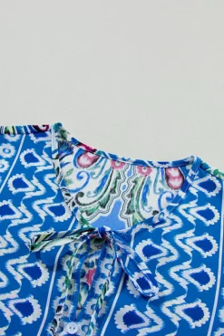 Sale Dear-Lover Bohemian Print Tie Neck Ruffle Hem Short Dress Sky Blue